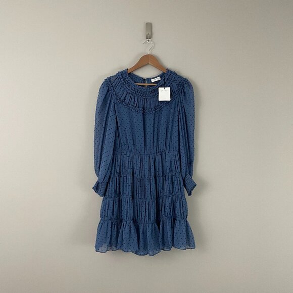 Sandro Gwen Blue Swiss Dot Tiered Ruffle Mini Dress Size 40 (US 8) - Picture 1 of 7